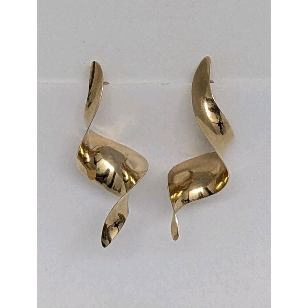 Signed Timothy Grannis 14K Gold Modernist Ribbon Twist Earrings MCM Sculptural